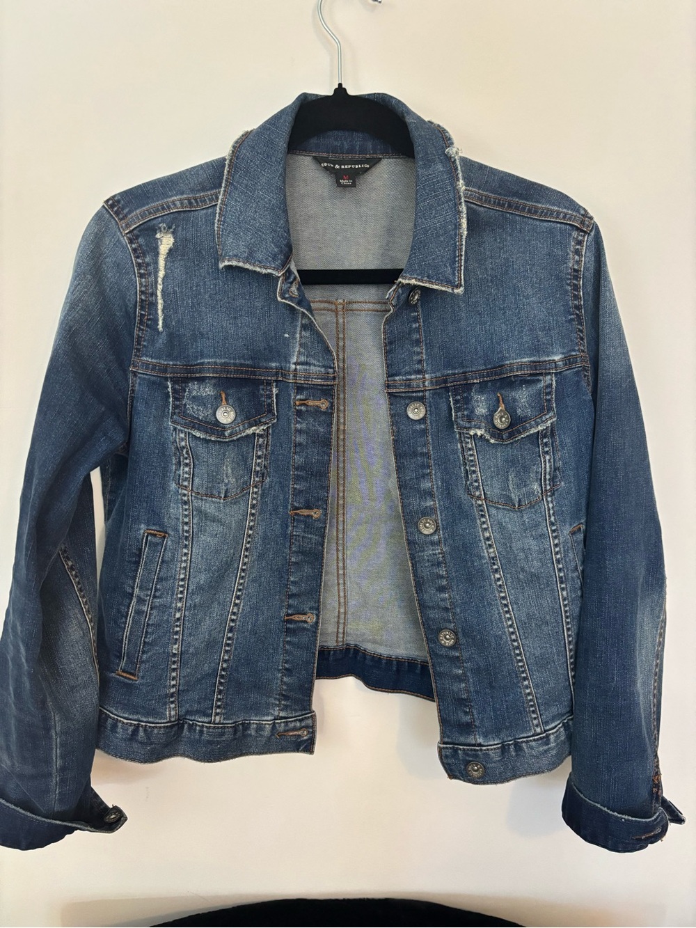 Rock & Republic Blue Distressed Denim Jacket with Chest Pockets